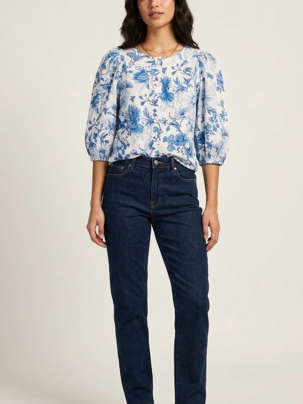H&M Linen-Blend Blouse in the White/Blue Floral pattern